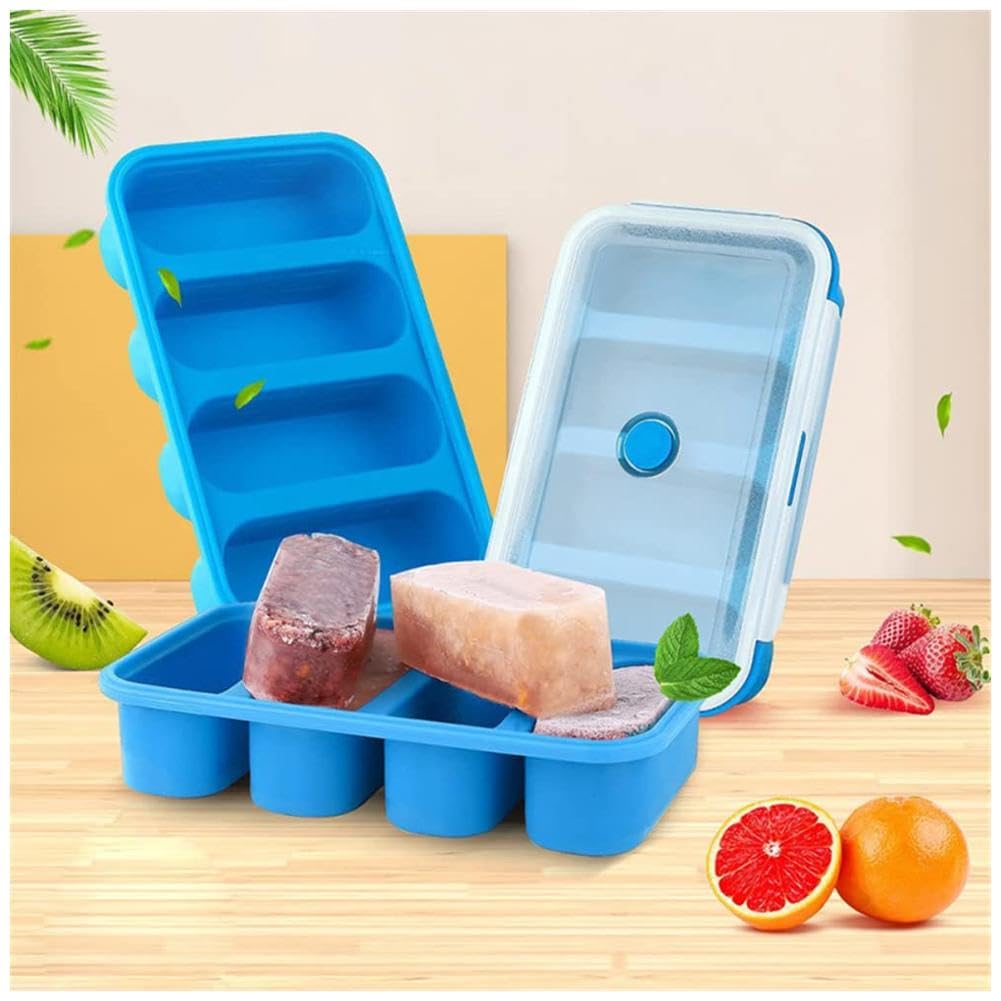 Boîtes de congélation en silicone Garvee avec couvercles, 4 cubes, sans BPA, empilables, bleues, pour le congélateur et la cuisine, gain de place