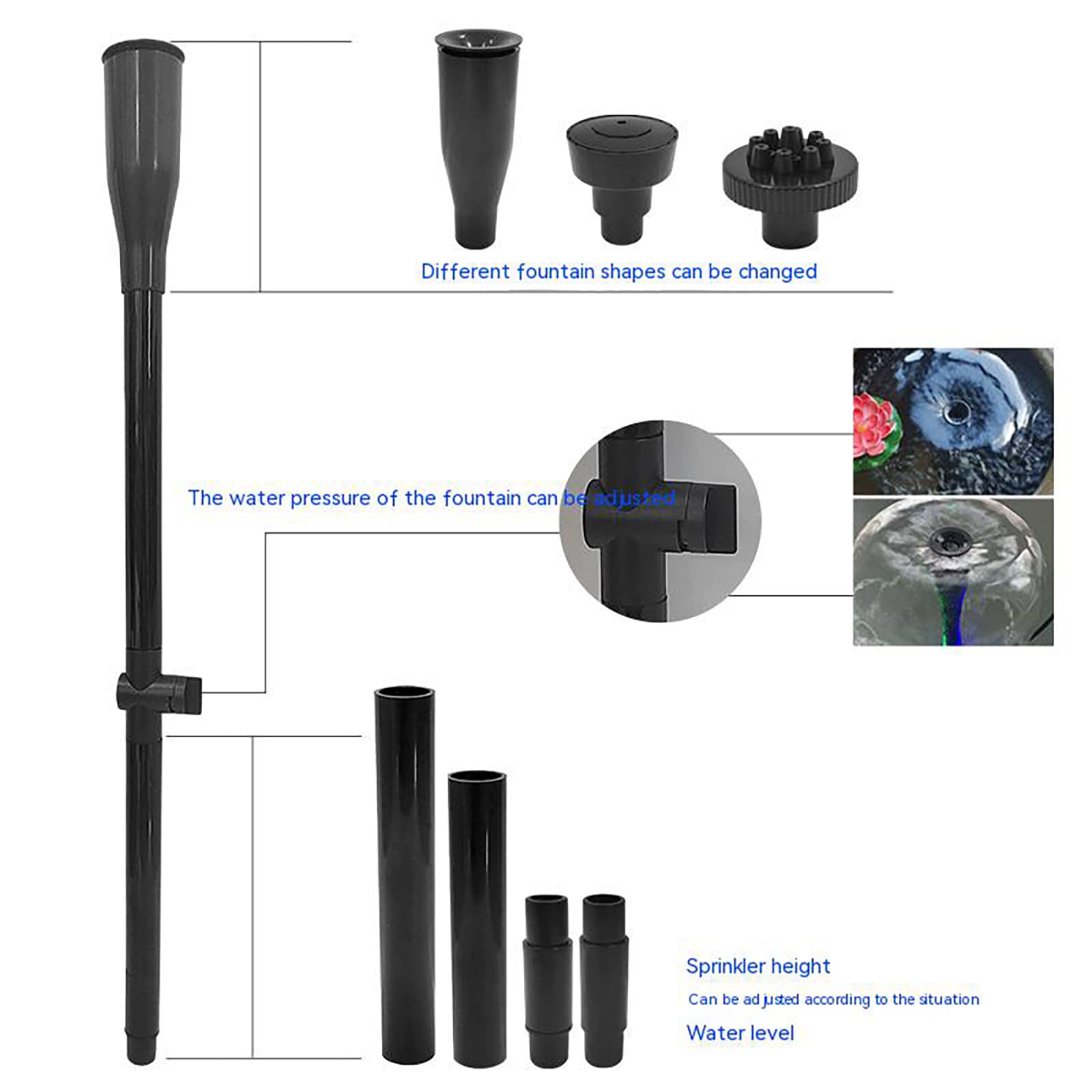 Ensemble de 9 buses Garvee pour pompe de fontaine, réglables en hauteur, têtes d'arrosage cascade pour pompes submersibles, jardin, aquarium, bassin, noir