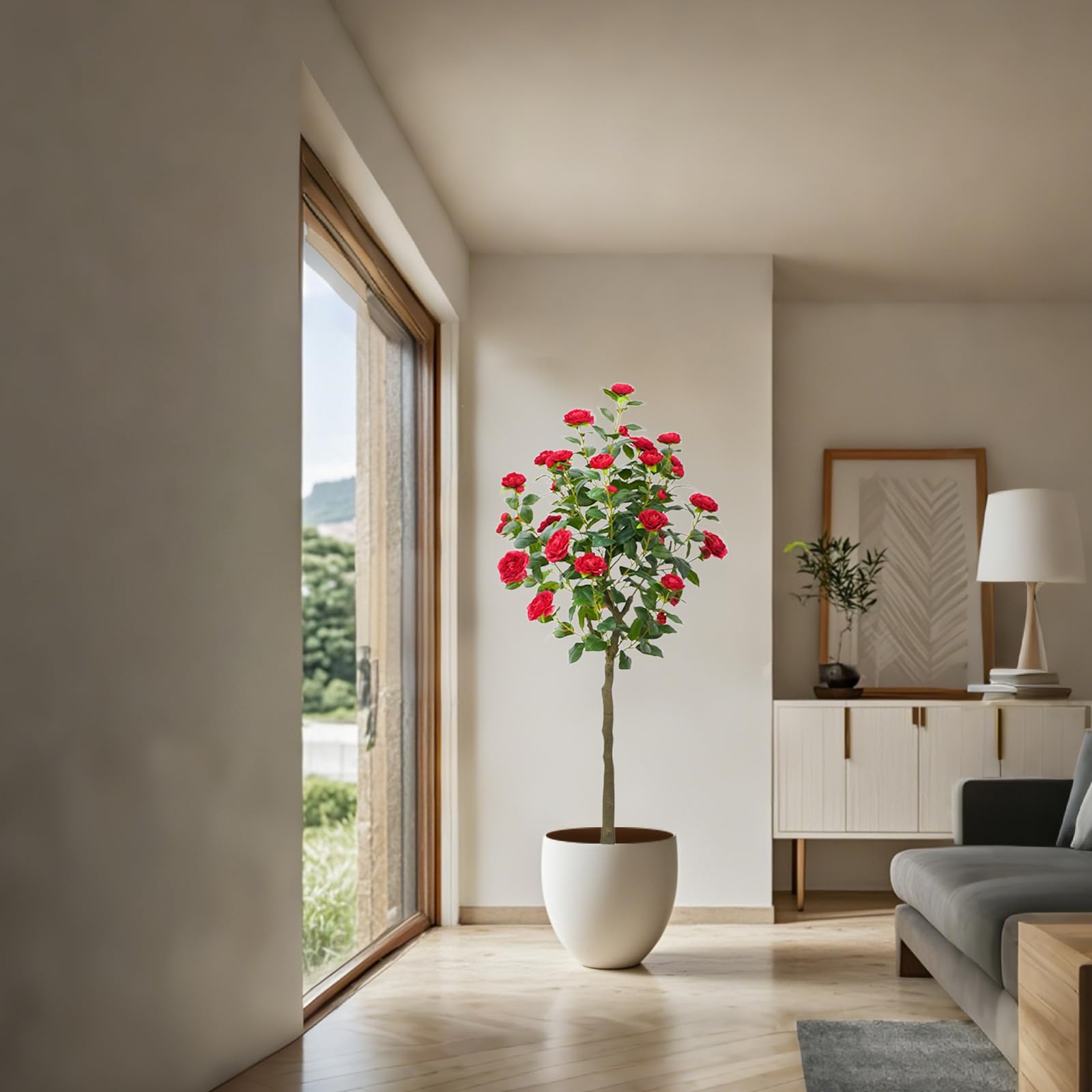 Camélia artificiel rouge Garvee de 1,5 m avec fleurs et feuilles réalistes, idéal pour le salon et l'extérieur. Entretien facile et robuste.
