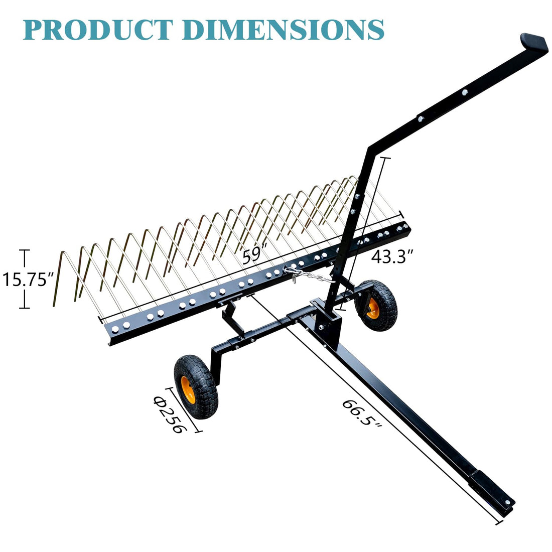 Garvee râteau à aiguilles de pin 152 cm, 24 dents en acier, cadre acier, pour ATV et tondeuse, vert