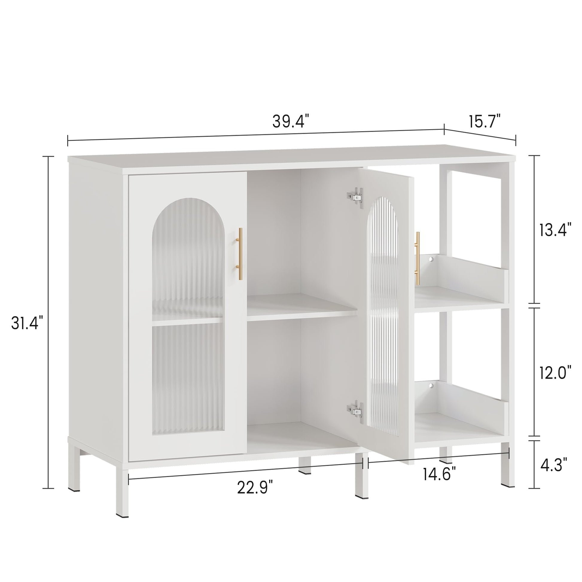 Garvee buffet avec portes vitrées, étagères réglables, MDF 3c, verre, poignées en métal, blanc moderne, pour le salon et la salle à manger