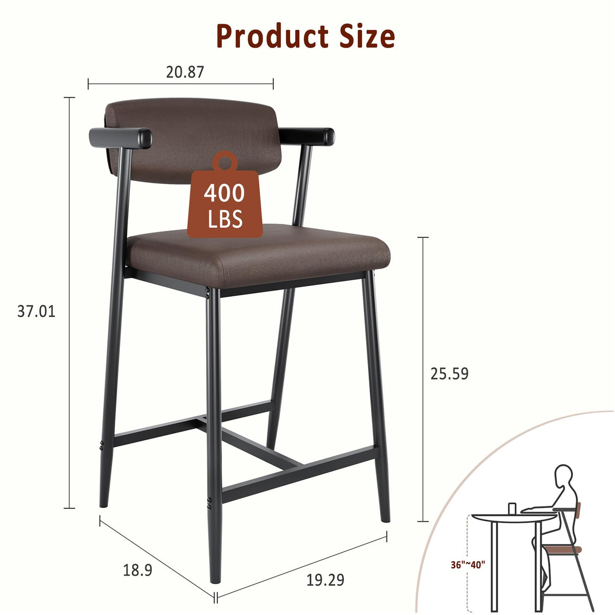 Garvee Tabourets de bar modernes 66 cm avec accoudoirs et dossier, assise large rembourrée, structure métallique, gris et marron, lot de 2