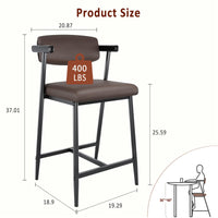 Garvee Tabourets de bar modernes 66 cm avec accoudoirs et dossier, assise large rembourrée, structure métallique, gris et marron, lot de 2