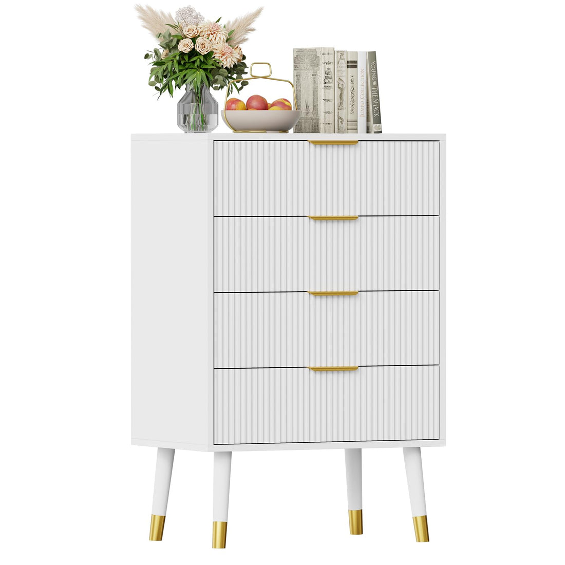 Commode moderne Garvee à 5 tiroirs avec pieds en métal et poignées dorées pour chambre et salon, en bois MDF, imperméable et robuste.