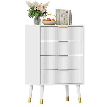 Commode moderne Garvee à 5 tiroirs avec pieds en métal et poignées dorées pour chambre et salon, en bois MDF, imperméable et robuste.