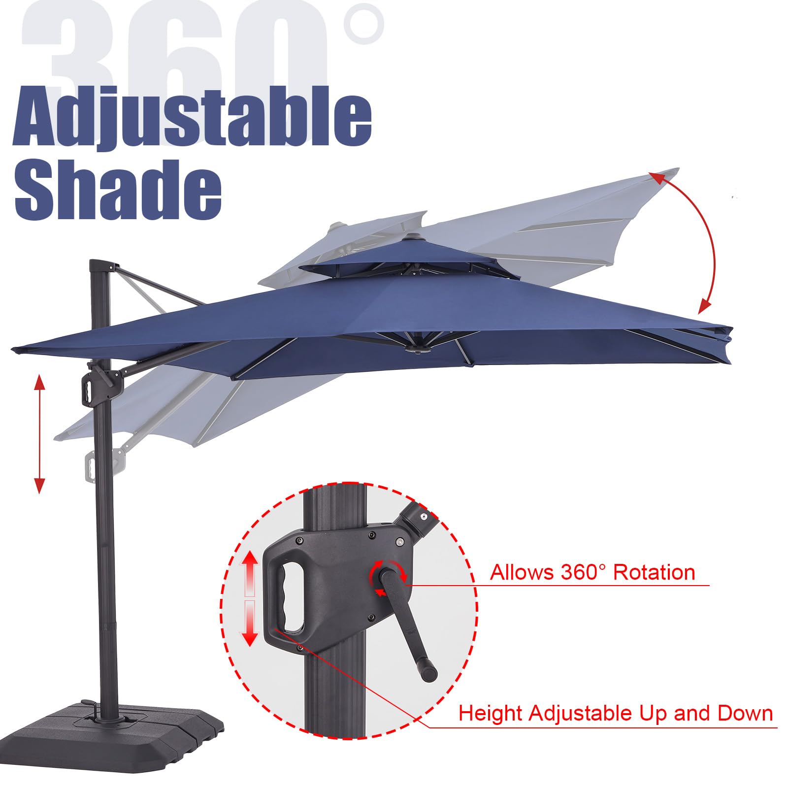 Garvee Parasol 3 × 3 m bleu marine, toile 240 g/m², bras articulé en aluminium avec rotation 360°, pour balcon, terrasse et piscine