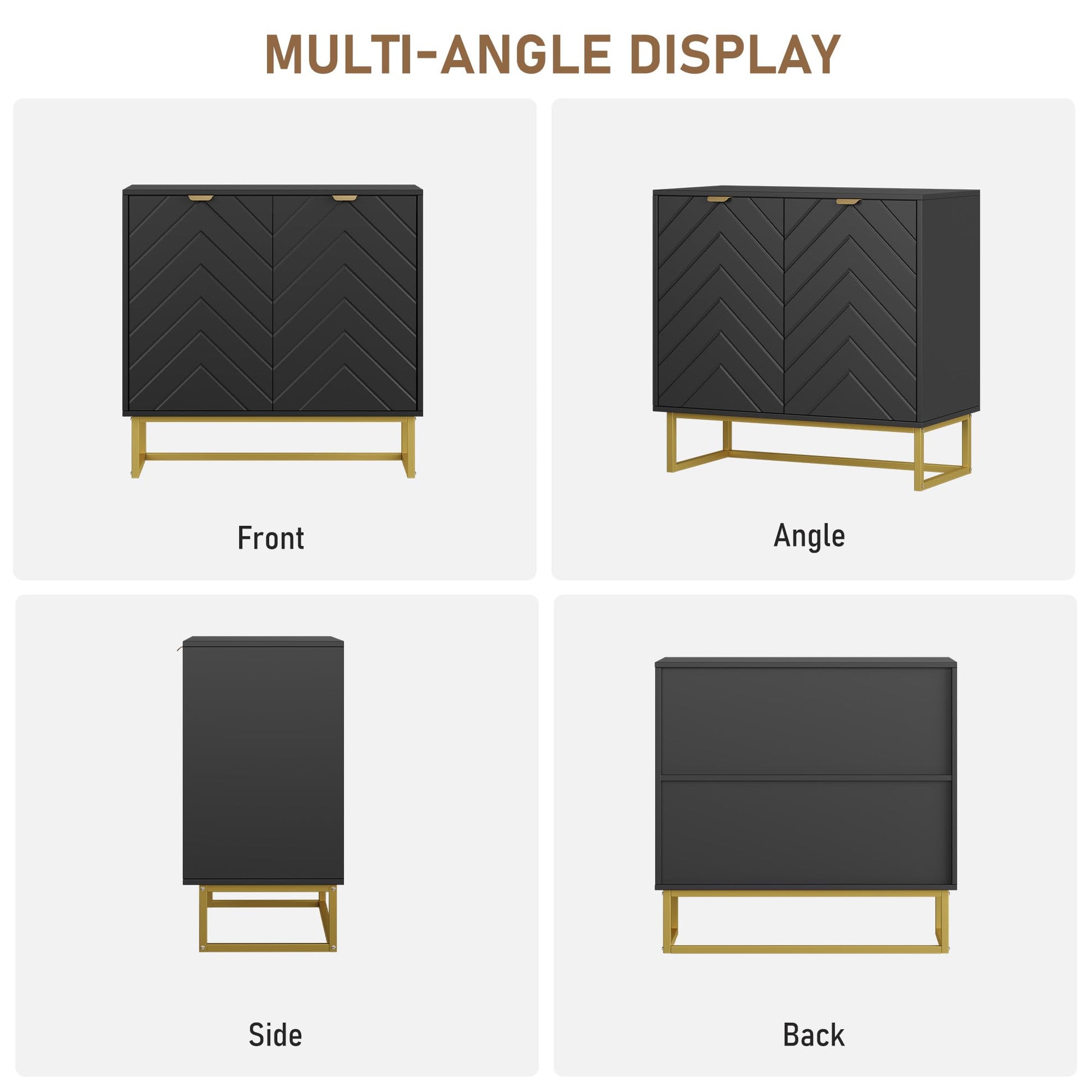 Buffet moderne Garvee 80 cm avec rangement, motif à chevrons, bois et métal, poignées dorées, idéal pour la salle à manger et l'entrée.