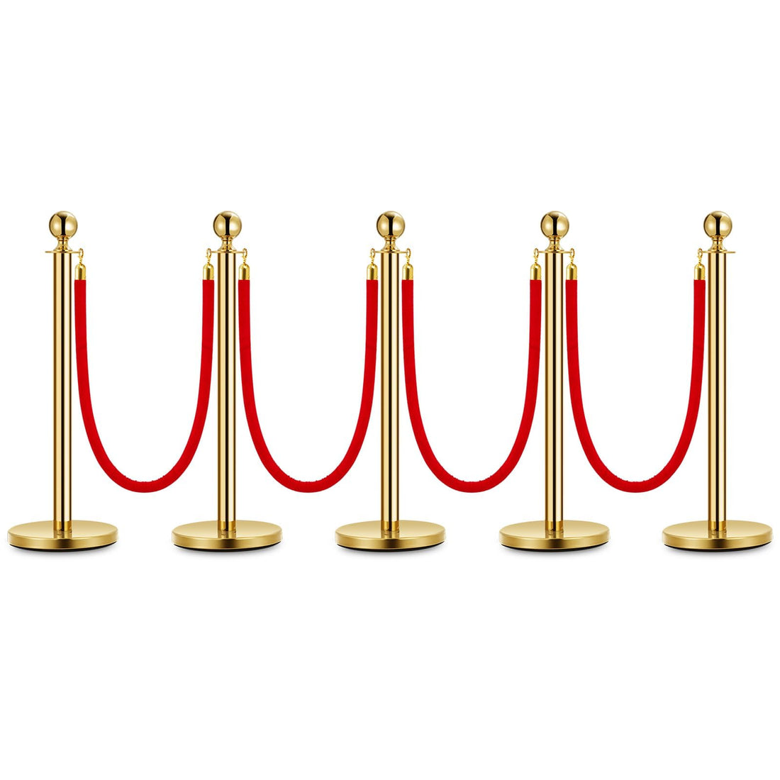 Garvee Lot de 5 poteaux de guidage dorés en acier inoxydable avec tête boule, 4 cordes en velours rouge 1,5 m, pour événements et mariages