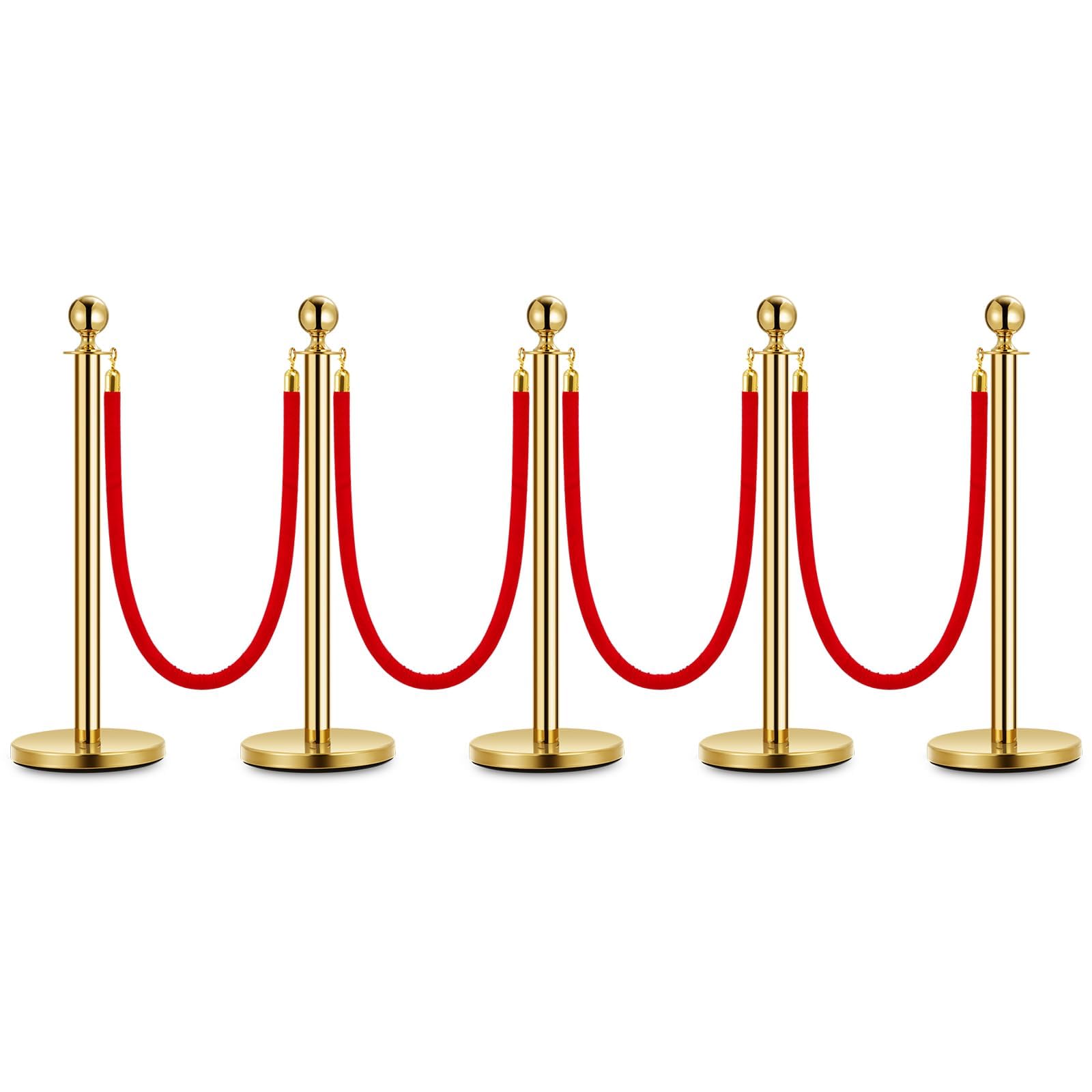 Garvee Lot de 5 poteaux de guidage dorés en acier inoxydable avec tête boule, 4 cordes en velours rouge 1,5 m, pour événements et mariages