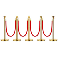 Garvee Lot de 5 poteaux de guidage dorés en acier inoxydable avec tête boule, 4 cordes en velours rouge 1,5 m, pour événements et mariages