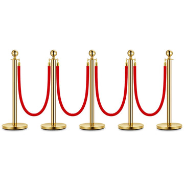 Garvee Lot de 5 poteaux de guidage dorés en acier inoxydable avec tête boule, 4 cordes en velours rouge 1,5 m, pour événements et mariages