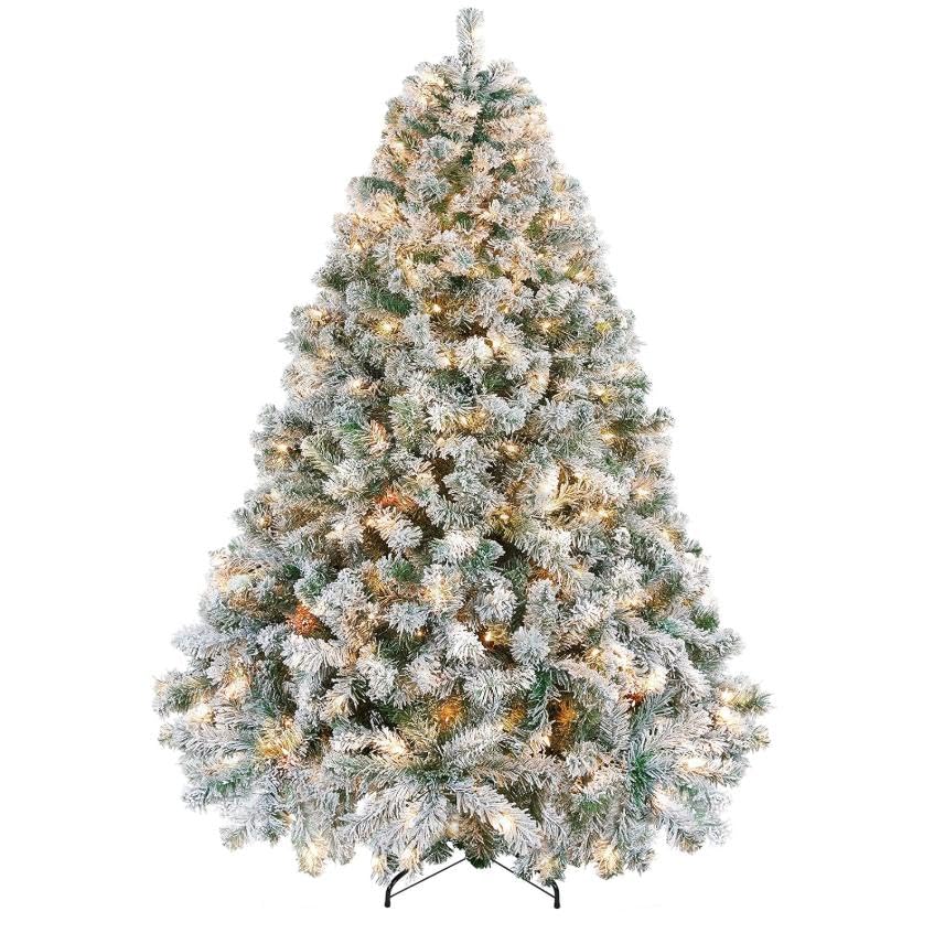 Sapin de Noël artificiel Garvee 183 cm – Aspect givré naturel, LED blanc chaud, socle en métal pour grandes pièces