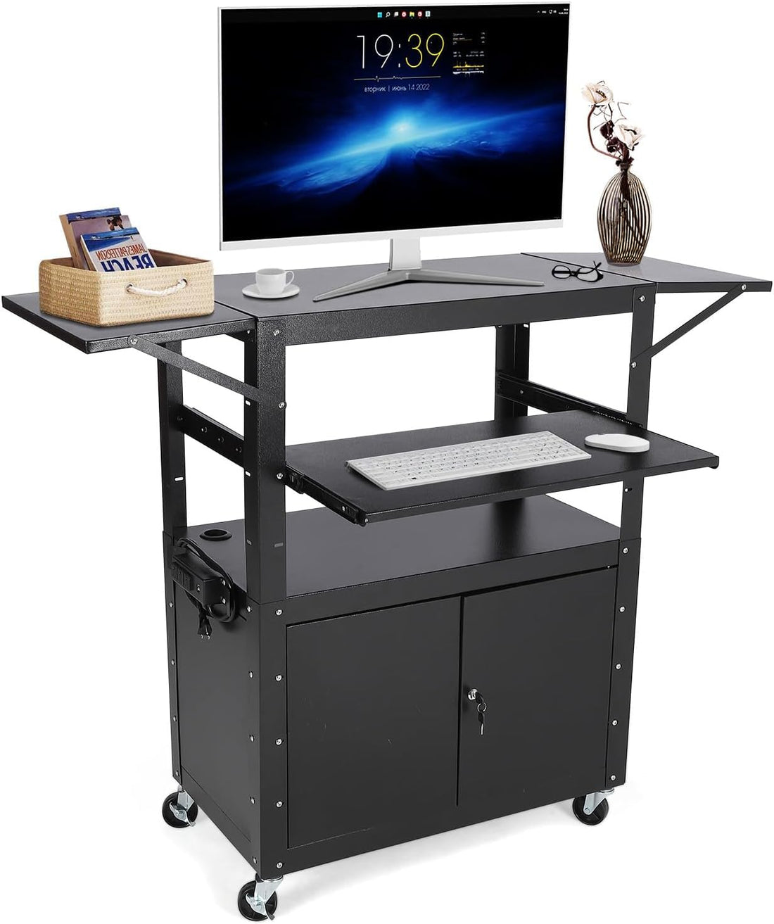 Garvee Chariot audiovisuel roulant avec armoire verrouillable, hauteur réglable, support pour ordinateur portable, acier, poste de travail mobile, espace de rangement, idéal pour les bureaux, noir
