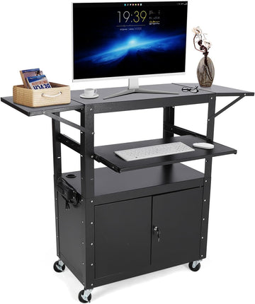 Chariot audiovisuel roulant Garvee avec armoire verrouillable, hauteur réglable, support pour ordinateur portable, acier, poste de travail mobile, espace de rangement, idéal pour les bureaux, noir