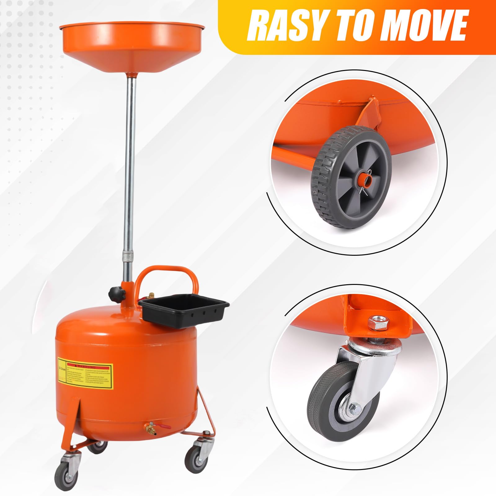 Réservoir de vidange d'huile Garvee de 75 litres (20 gallons) avec réglage en hauteur, roues pivotantes à 360° de 96,5 à 165 cm (38 à 65 pouces), acier thermolaqué anti-fuite, pour atelier ou garage.