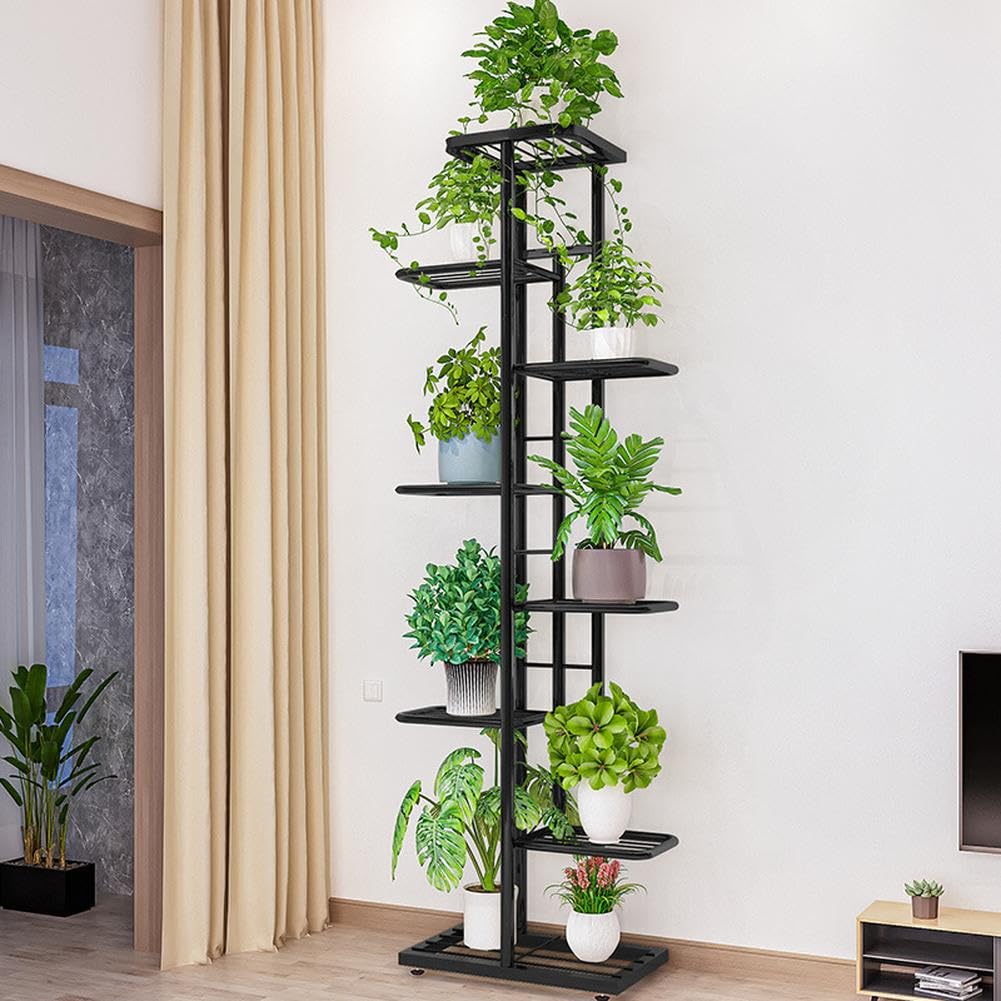 Étagère à plantes Garvee, 8 niveaux, en métal, antidérapante et imperméable, d'angle, pour salon, balcon ou jardin, noire.