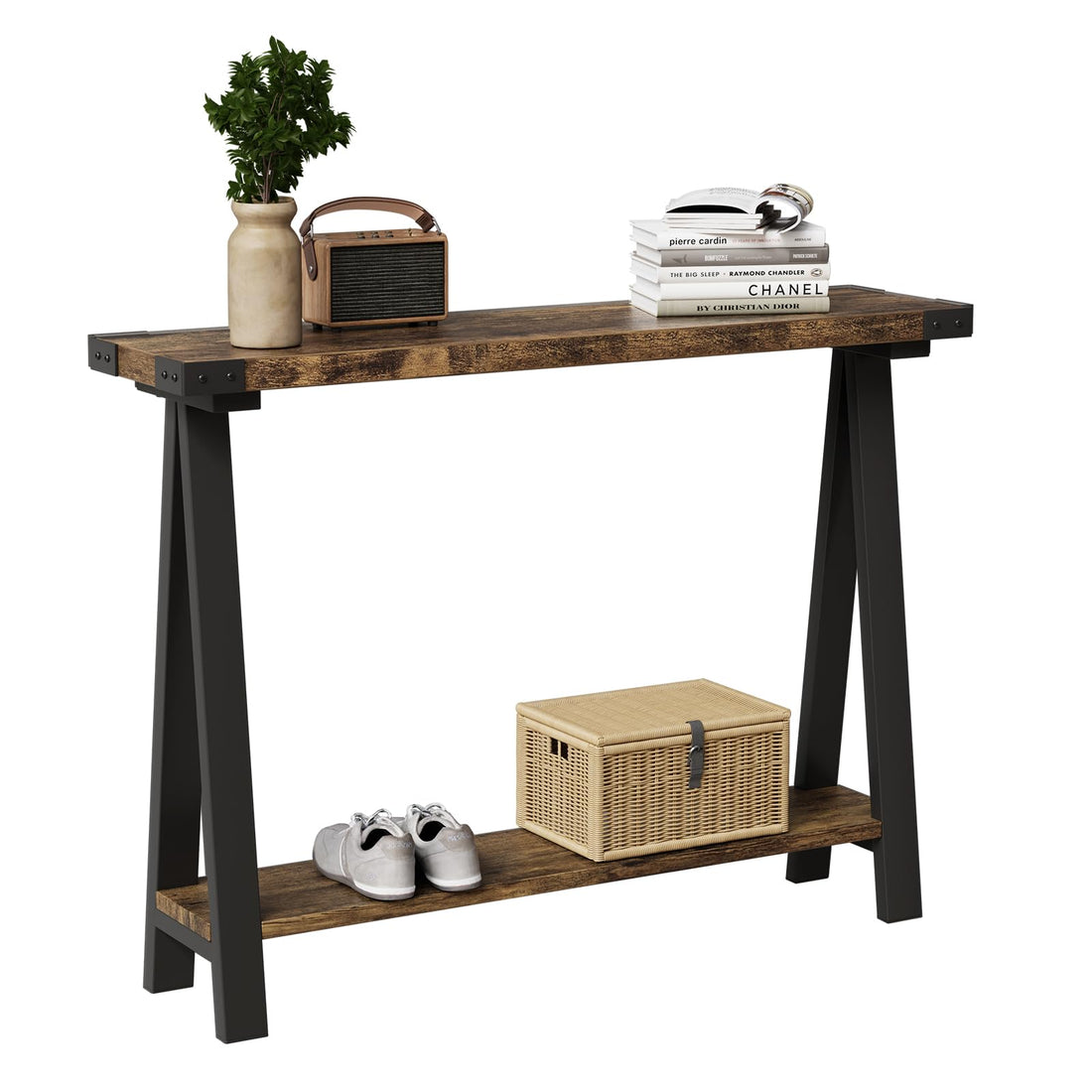 Console Garvee style ferme, 110 cm, avec rangement, 2 niveaux, structure en métal, MDF, brun rustique, pour entrée, salon ou couloir.