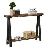 Console Garvee style ferme, 110 cm, avec rangement, 2 niveaux, structure en métal, MDF, brun rustique, pour entrée, salon ou couloir. - brun