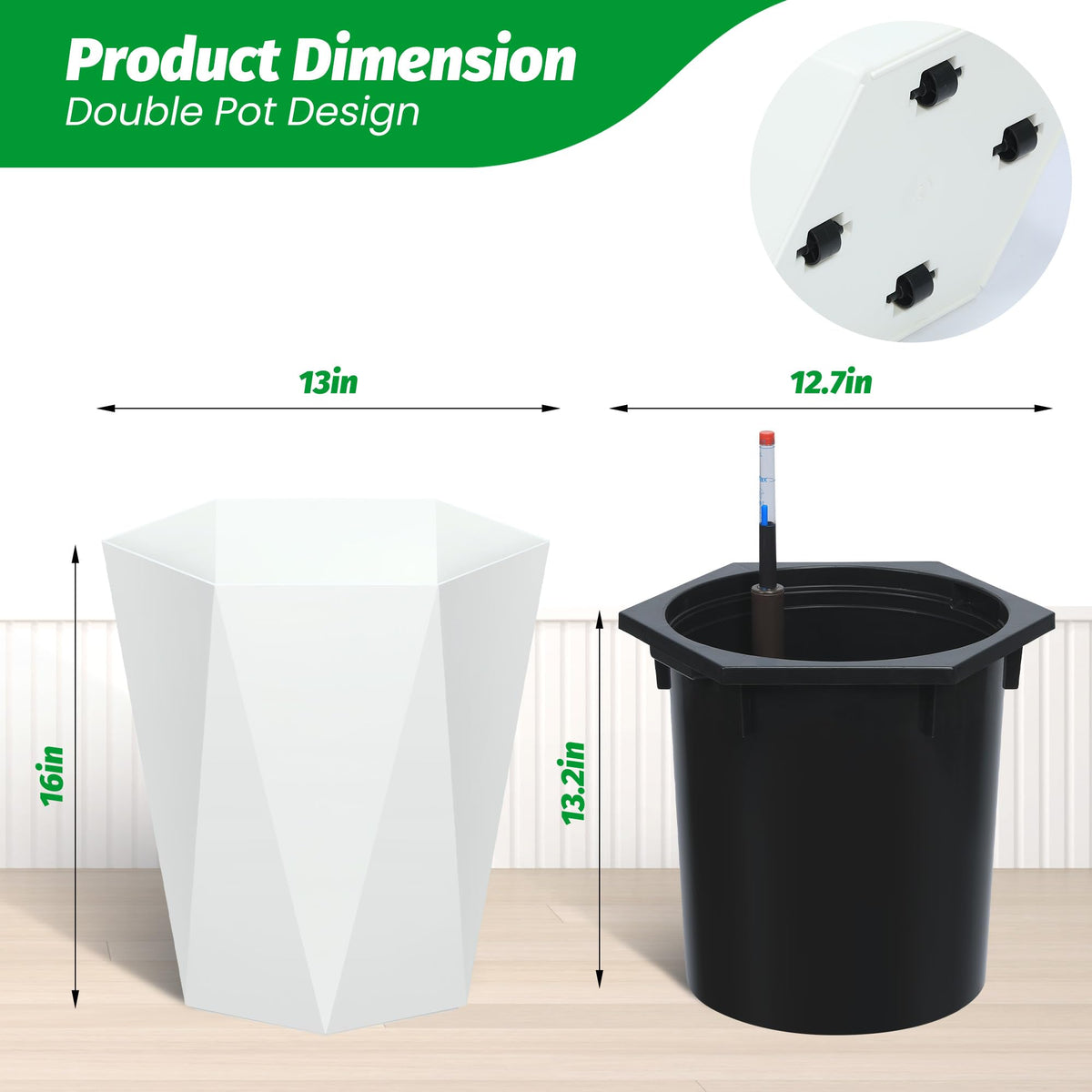 Garvee Lot de 2 jardinières diamant de 40 cm de haut, à arrosage automatique avec indicateur de niveau d'eau et roulettes, blanches, pour balcon et salon