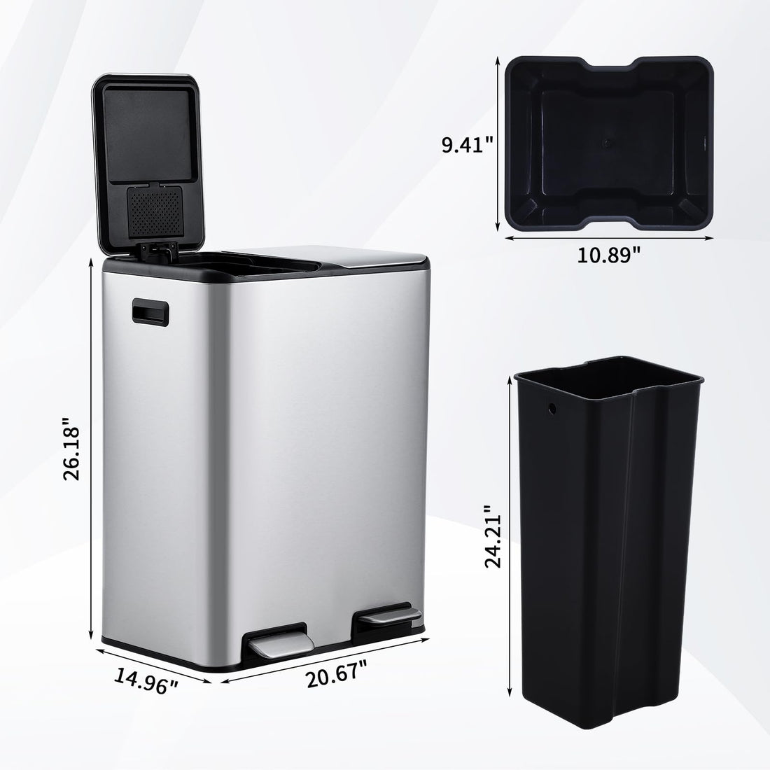 Poubelle de cuisine Garvee 2 x 30 L, en acier inoxydable, avec système de tri des déchets, double compartiment, silencieuse, couleur argent, 60 L