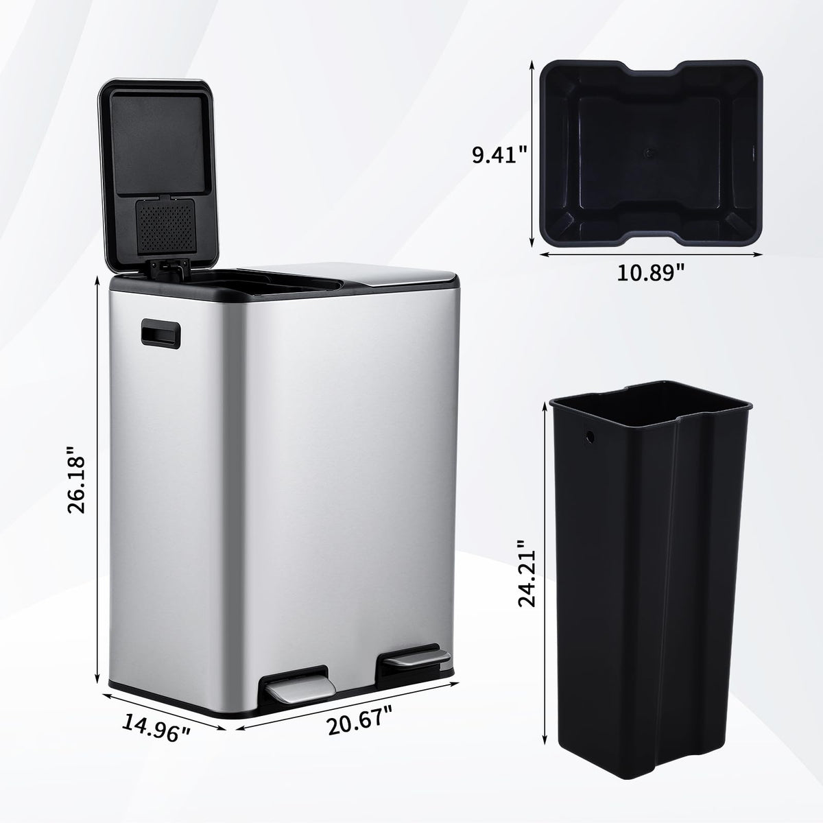 Poubelle de cuisine Garvee 2 x 30 L, en acier inoxydable, avec système de tri des déchets, double compartiment, silencieuse, couleur argent, 60 L