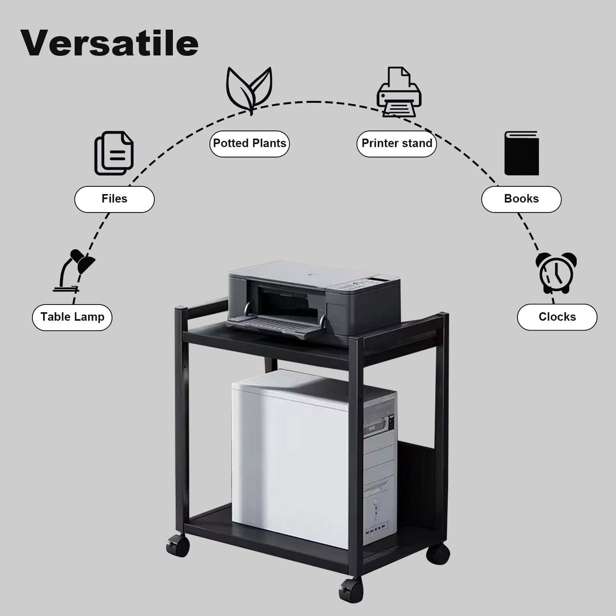 Garvee Support tour PC en métal à 2 niveaux, hauteur réglable, support unité centrale mobile avec roulettes, compact et stable pour bureau