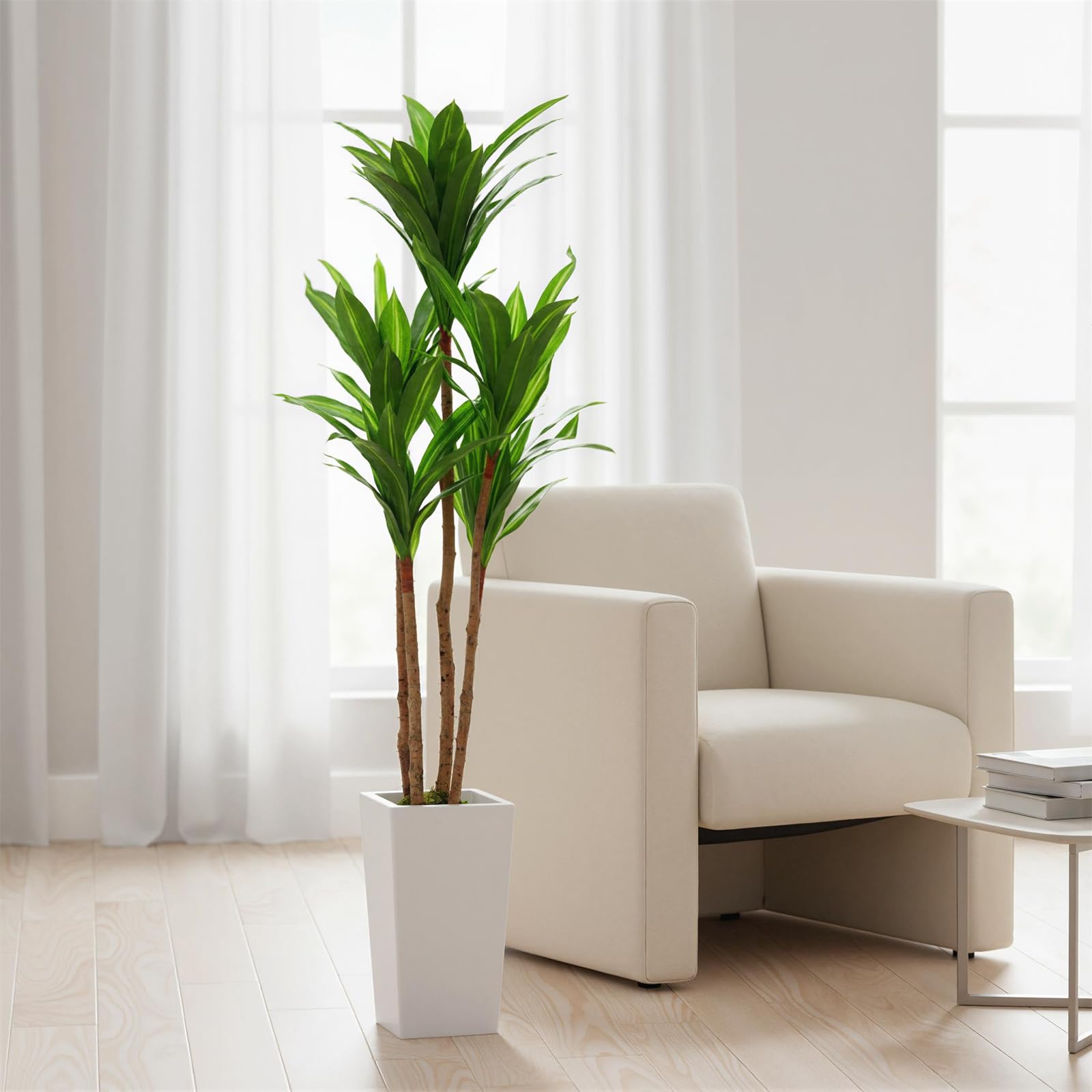 Arbre dracaena artificiel Garvee de 1,46 m (4,8 pi) avec pot en ciment robuste pour usage intérieur et extérieur, blanc, grand pot