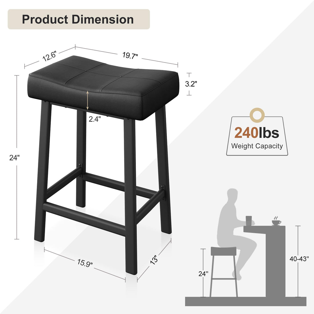 Garvee Lot de 2 tabourets de bar selle 61 cm, sans dossier, assise rembourrée incurvée, pieds métal et repose-pieds, pour îlot de cuisine ou bar, noir