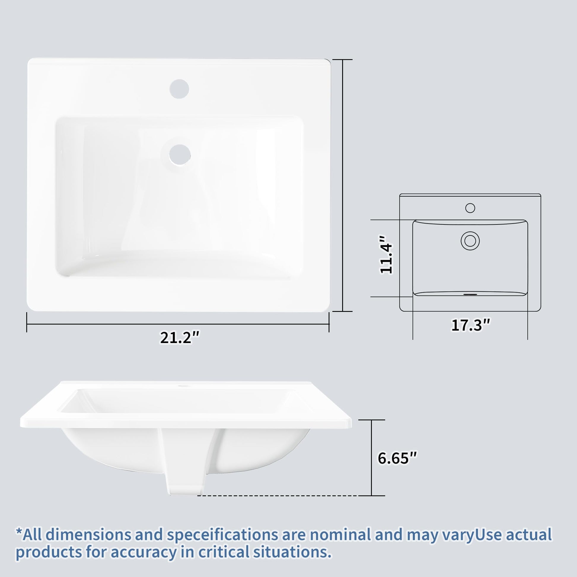 Lavabo encastré Garvee 21 x 18 pouces en céramique blanche avec trop-plein pour salles de bain compactes, étagère étendue, installation facile