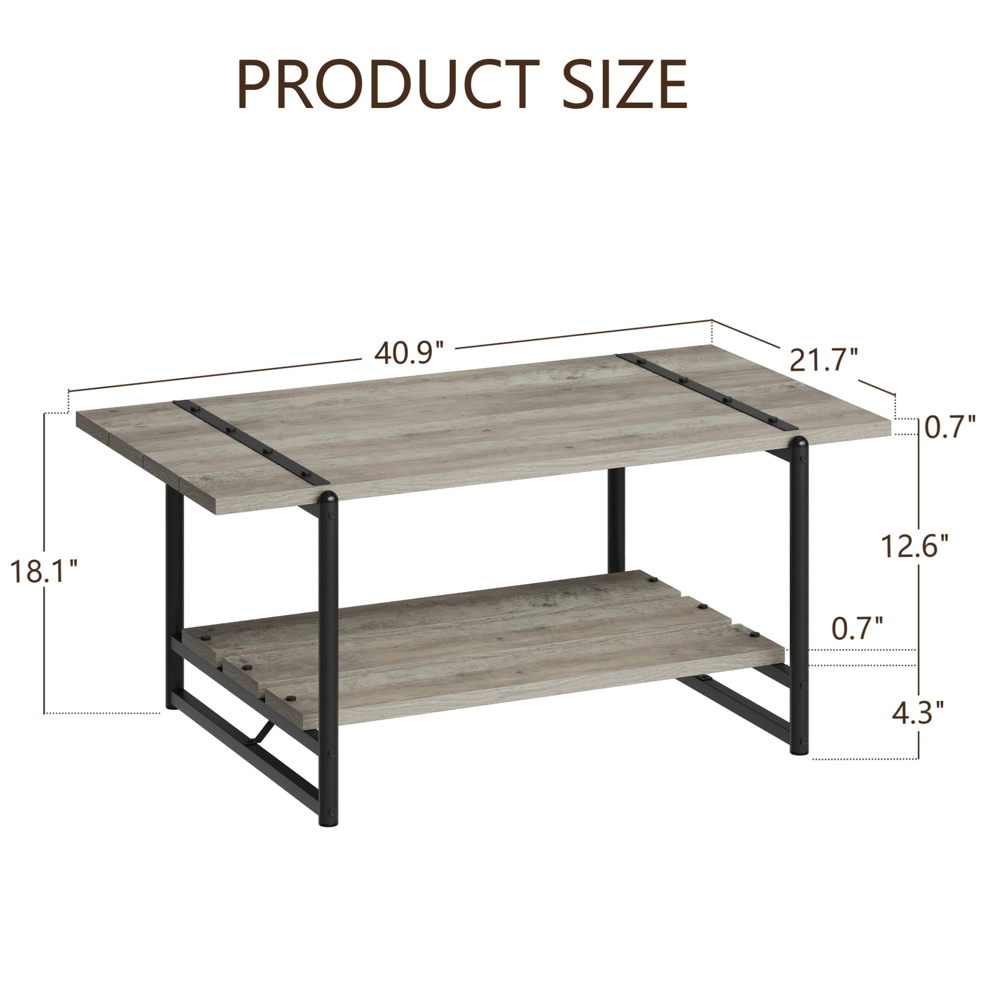 Garvee table basse de ferme à 2 niveaux 41'' en bois gris avec rangement et structure en métal pour le salon et le bureau, style rustique-moderne
