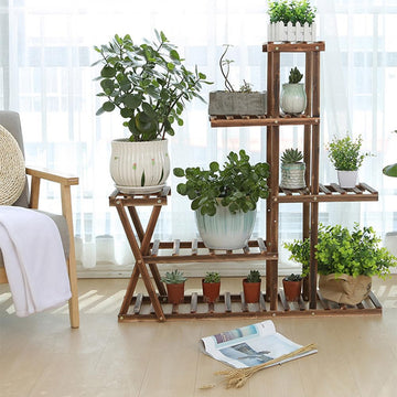 Garvee support à plantes en bois, 5 niveaux et 7 plateformes, 95 × 25 × 95 cm, intérieur et extérieur, naturel