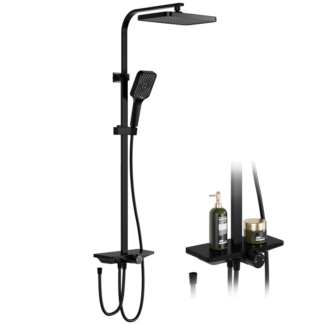 Colonne de douche GARVEE à effet pluie sans robinet avec étagère – Colonne de douche réglable en acier inoxydable noir 30 x 20,5 cm