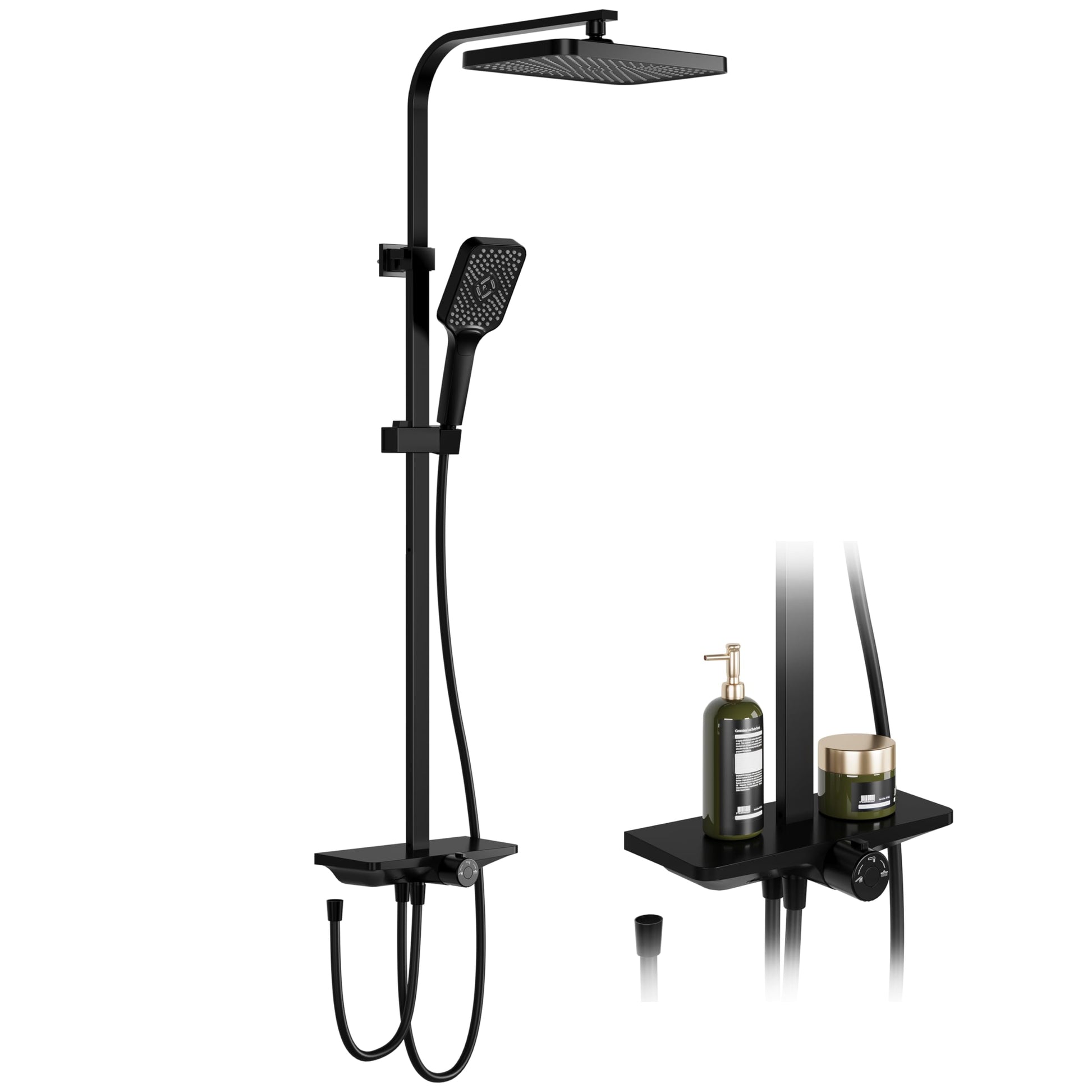 Colonne de douche GARVEE à effet pluie sans robinet avec étagère – Colonne de douche réglable en acier inoxydable noir 30 x 20,5 cm