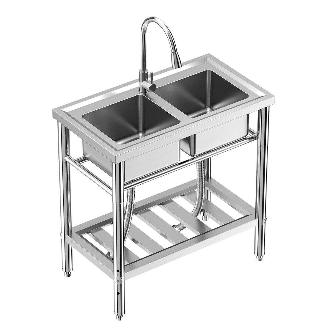 Garvee Évier de Cuisine Professionnel en Inox, Double Bac Autoportant avec Robinet Extractible, Étagère et Raccords Eau Chaude/Froide