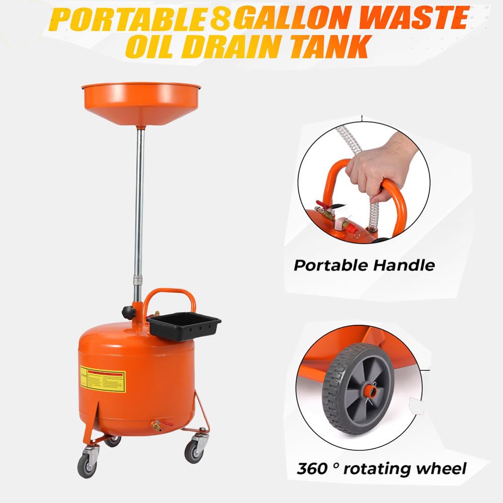 Réservoir de vidange d'huile Garvee de 75 litres (20 gallons) avec réglage en hauteur, roues pivotantes à 360° de 96,5 à 165 cm (38 à 65 pouces), acier thermolaqué anti-fuite, pour atelier ou garage.