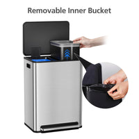 Poubelle Garvee en acier inoxydable, 60 litres, double compartiment, couvercle à fermeture douce, séparation des déchets, cuisine/bureau, 2 x 30 litres, argent
