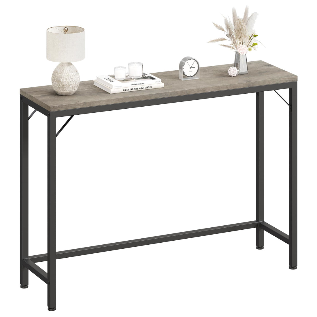 Console Garvee grise, table d'appoint étroite, style industriel, 100 cm L x 23 cm x 80 cm H, MDF et métal, robuste, polyvalente, salon et entrée