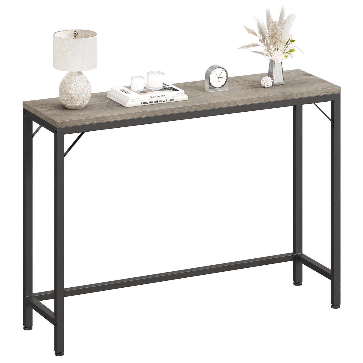 Console Garvee grise, table d'appoint étroite, style industriel, 100 cm L x 23 cm x 80 cm H, MDF et métal, robuste, polyvalente, salon et entrée
