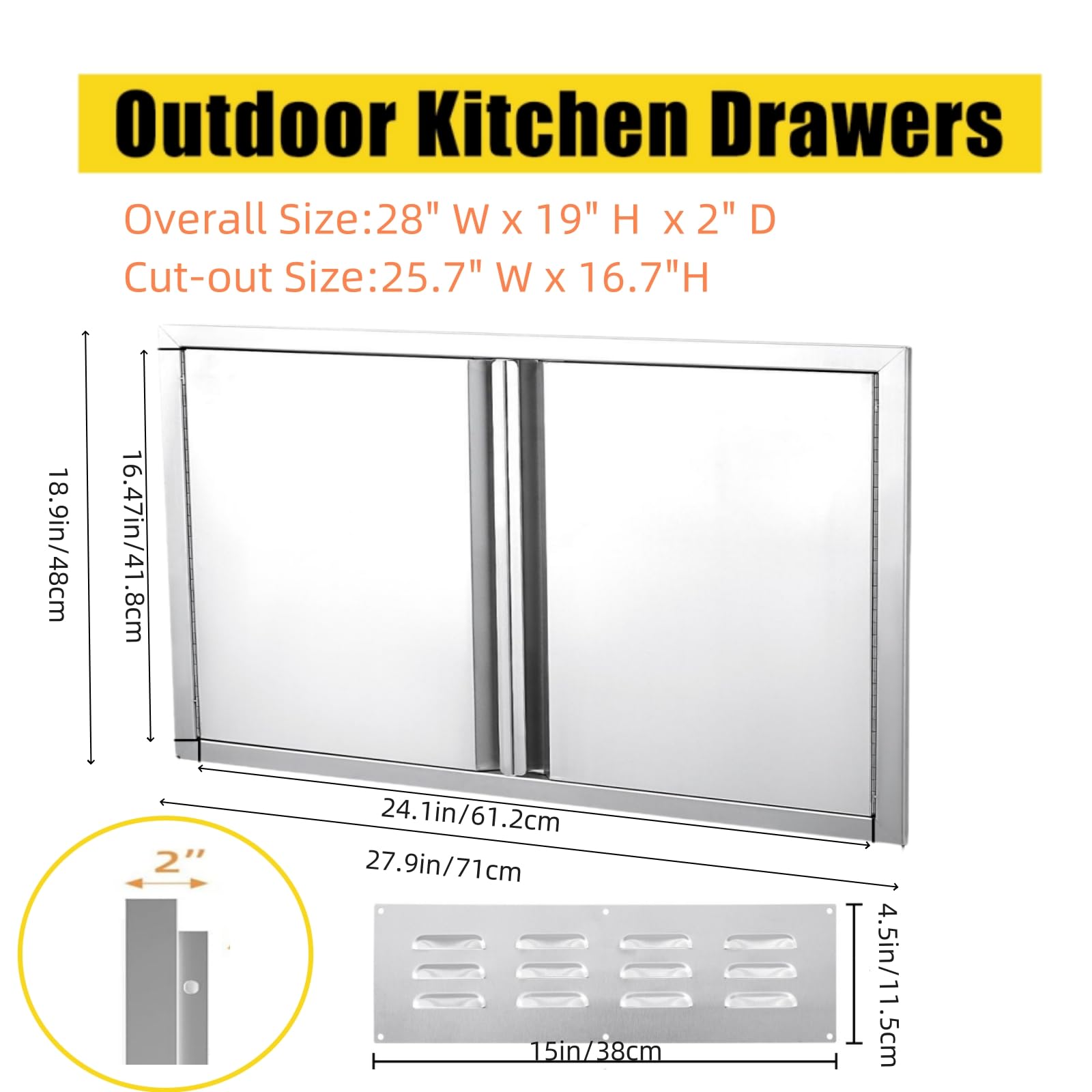 Porte d'accès pour barbecue Garvee 28 x 19 pouces, en acier inoxydable 304, double porte résistante aux intempéries, pour cuisine extérieure, couleur argent.