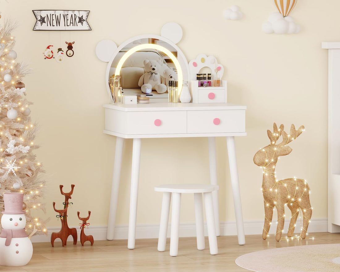 Coiffeuse Garvee pour enfants avec lumière LED, miroir en forme d'ours, rangement, bois certifié FSC, support à fleurs pour salle de jeux de filles, 55 cm (L) x 38 cm (l) x 101 cm (H)