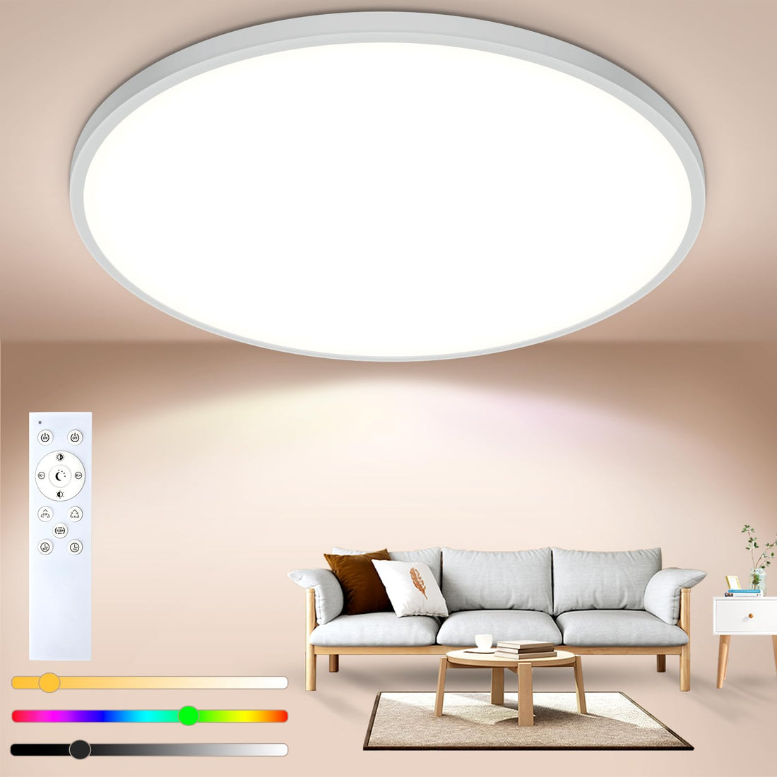 Plafonnier LED GARVEE, intensité variable, 24 W RGBW, 1800 lm, couleurs changeantes, télécommande, écoénergétique, design moderne, rond plat Ø 30 cm, salon, chambre