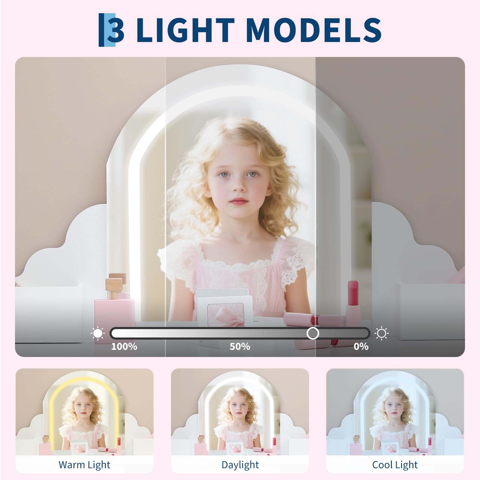 Garvee Coiffeuse Enfant avec Miroir LED et Tabouret, pour Filles 3–9 Ans, MDF Sûr, Éclairage Réglable, Grand Rangement, Blanc