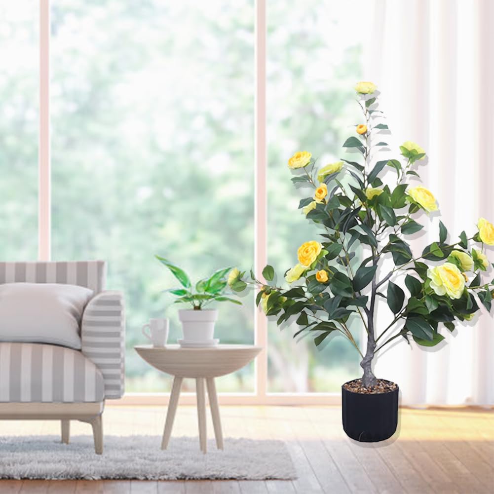 Camélia artificiel Garvee de 90 cm avec fleurs réalistes, pour l'intérieur et l'extérieur, facile d'entretien, durable et vert.