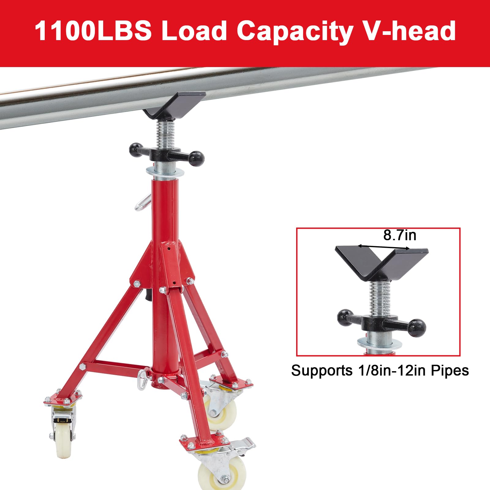 Support de tuyauterie Garvee avec tête en V, hauteur réglable de 71 à 132 cm, pliable, en acier, capacité de charge de 500 kg, avec roulettes, stable, pour le soudage, les ateliers et l'industrie
