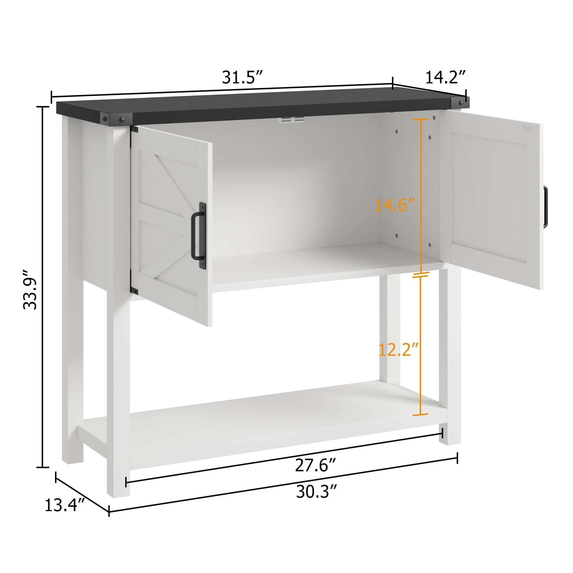 Console Garvee style ferme avec 2 portes, en bois robuste et résistant aux rayures, blanc et noir, 81 cm (32 pouces), idéale pour la cuisine et le salon.