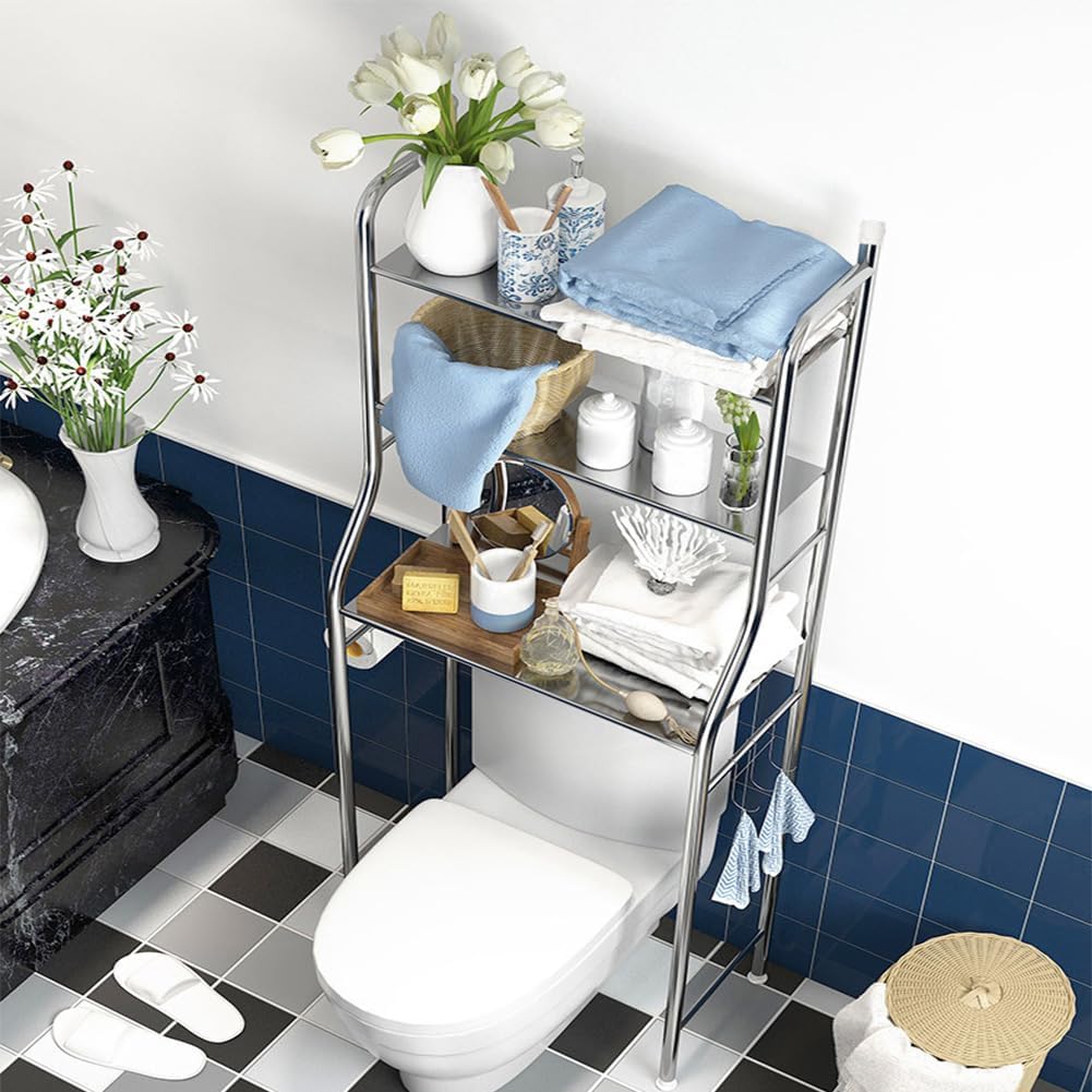 Étagère de salle de bain autoportante à 3 niveaux Garvee en métal avec crochets et porte-papier toilette pour salle de bain, toilettes et buanderie, noire, gain de place