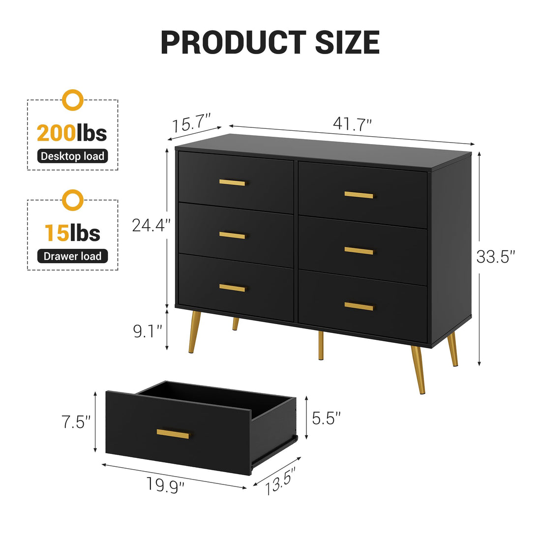Garvee commode moderne à 6 tiroirs avec rangement, en MDF, poignées dorées, pour la chambre et le salon, vert