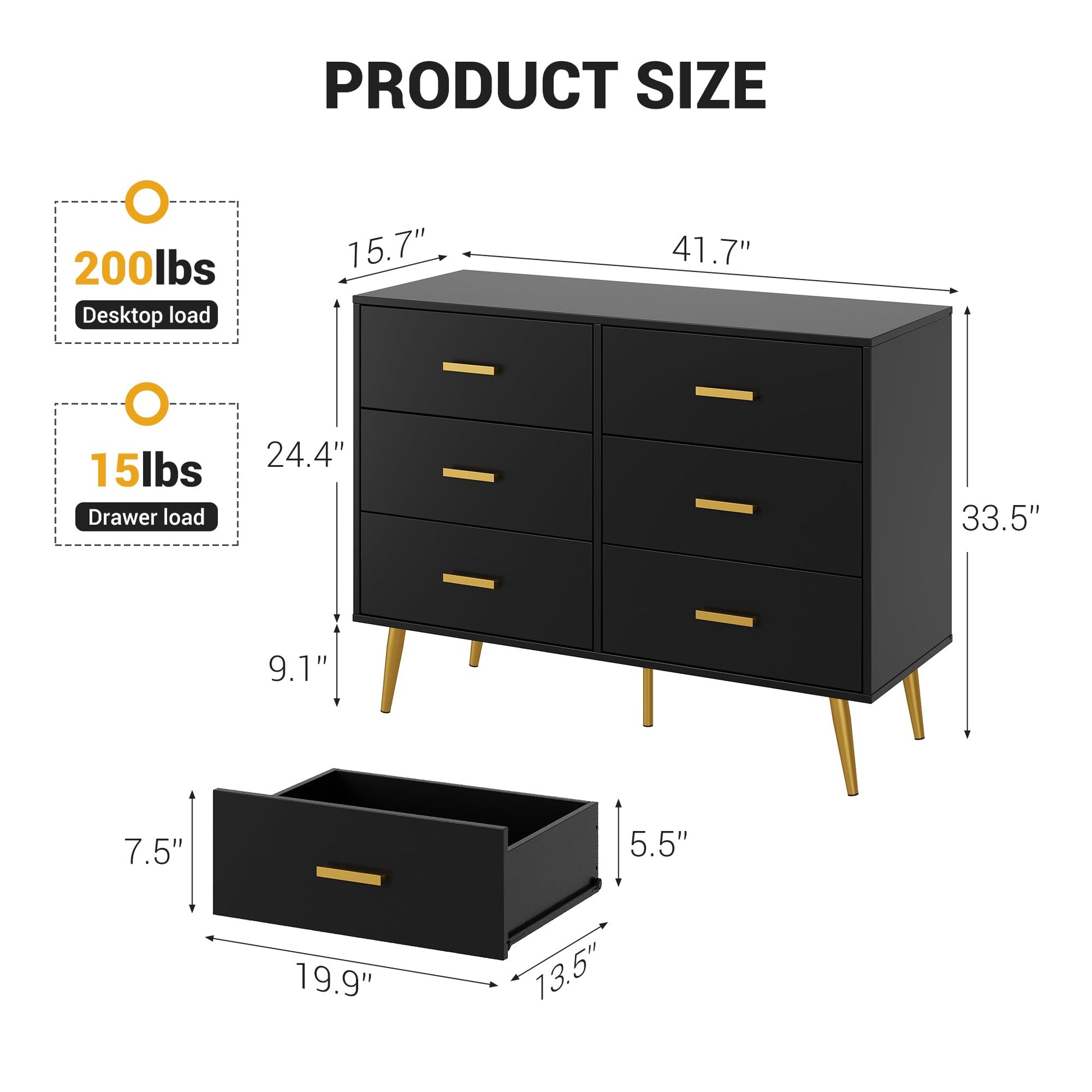 Commode moderne Garvee à 6 tiroirs avec rangement, en bois MDF, poignées dorées, pour chambre et salon, noire, polyvalente