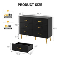 Commode moderne Garvee à 6 tiroirs avec rangement, en bois MDF, poignées dorées, pour chambre et salon, noire, polyvalente