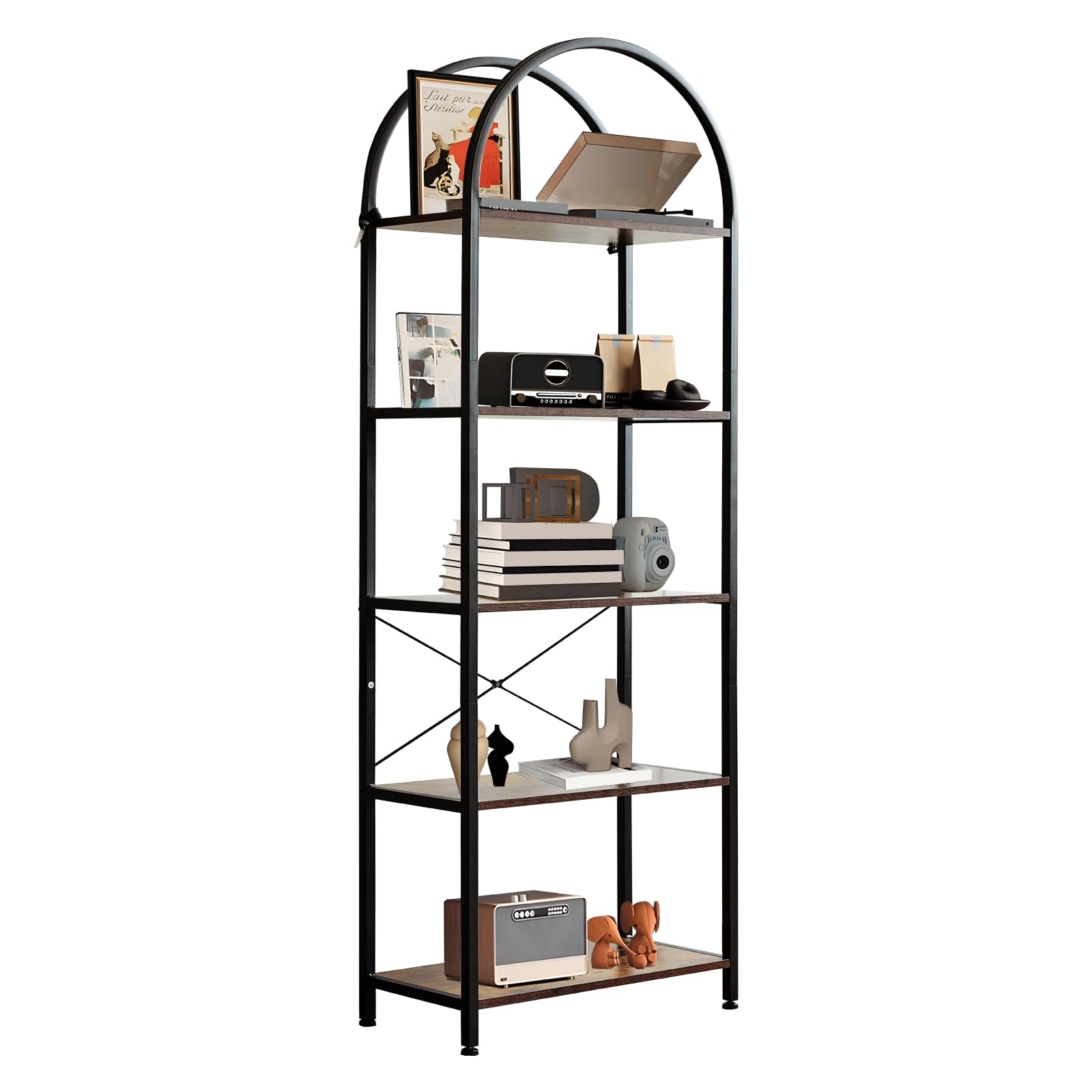 Garvee Bibliothèque à 5 niveaux avec arche, structure métallique robuste, grandes étagères en bois pour salon et bureau, 180×60×28cm, noir moderne